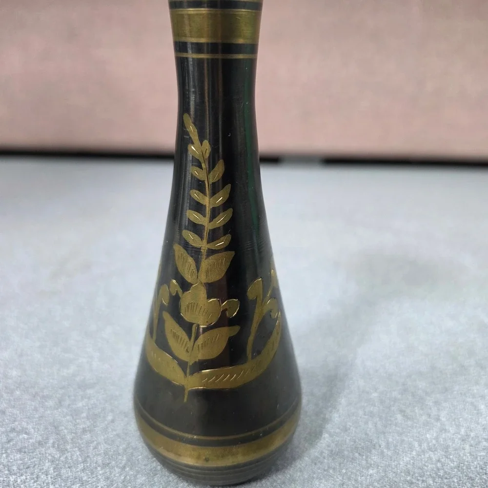 Vintage Brass Bud Vase Home Decor Small Black Etched Floral‎